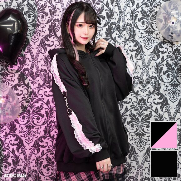 NEW ACDC RAG - Love Punk Lace & Ribbon Black Pink Oversized Zip Up Hoodie - Picture 3 of 6